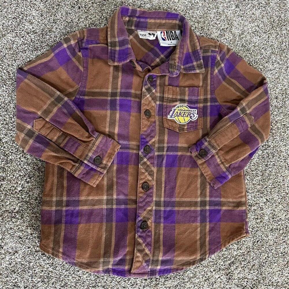 LA LAKERS NBA Flannel Kids 4 Purple brown Button up Licensed long sleeve‎